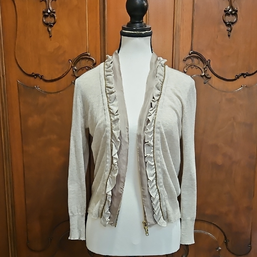 J.Crew Zip Up Ruffled Cardigan Oatmeal & Taupe Silk Ruffle Cotton Wool Size M
